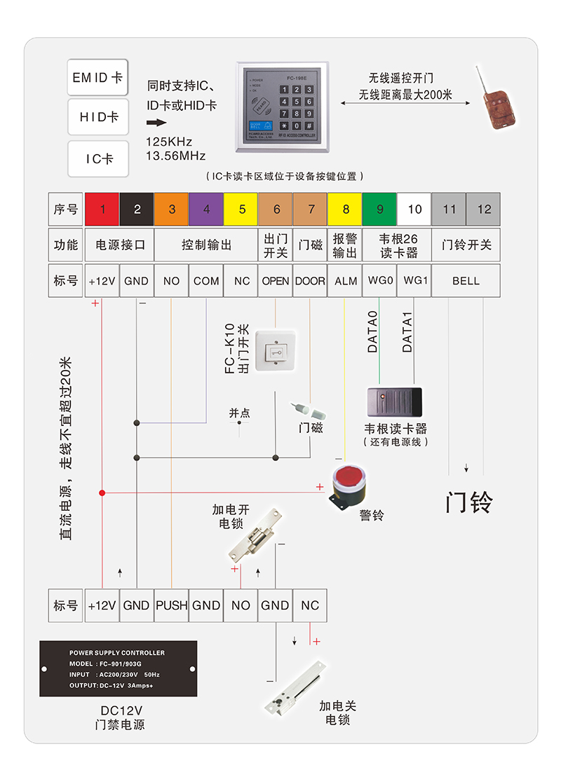 FC-198E键盘门禁一体机接线图